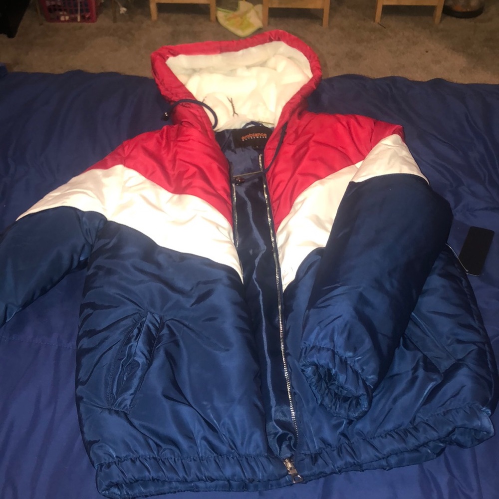 Red, navy. and white jacket